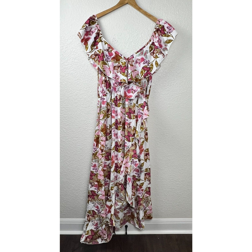 Hint of Blush Womens Plus Floral Butterfly Ruffle Bloomcore Wrap Maxi Dress 2Xl